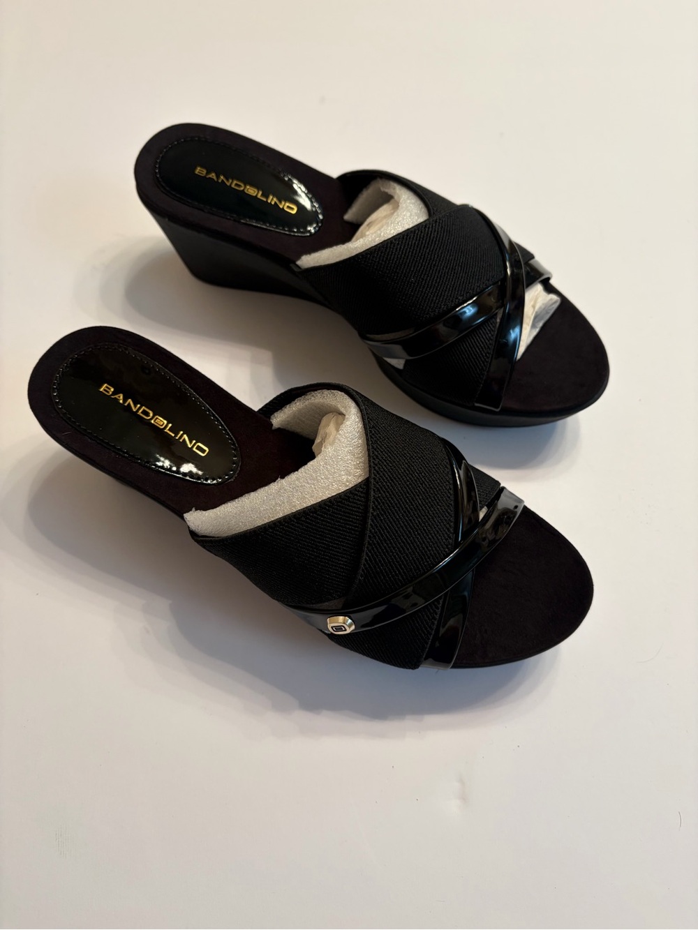 Bandolino Black Crisscross Patent Accent Wedge Mules